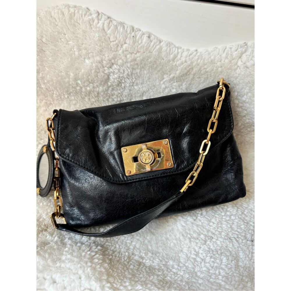 TORY BURCH Black and gold Brady Gemini Logo Semi Coating Leather Shoulder Bag